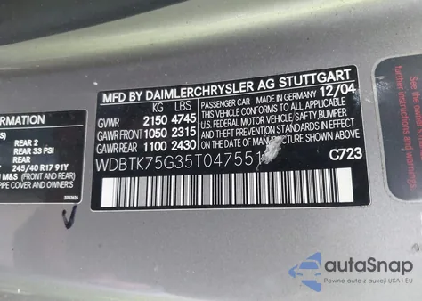 2005 Mercedes-Benz Clk 500 из США, поврежденный, VIN WDBTK75G35T047551